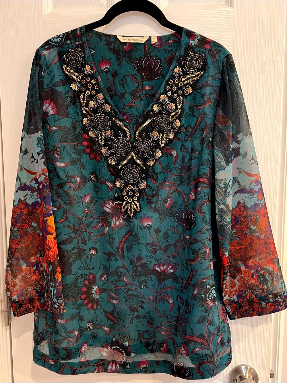 Soft Surroundings Teal Orange Sheer Floral Tunic Bead Embellished V-Neck Fall